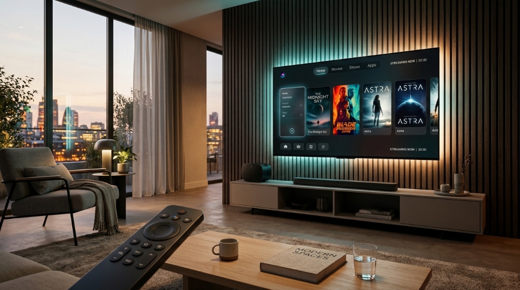 Media Station X на Smart TV в интерьере: меню приложений Lampa, VoKino и стриминг 4K HDR