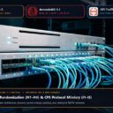 Widescreen illustration: Datacenter network infrastructure, Amnezia VPN 5.0.1.5, AmneziaWG 3.1 protocol, and DPI traffic hardening
