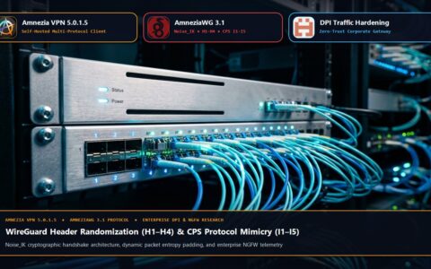 Widescreen illustration: Datacenter network infrastructure, Amnezia VPN 5.0.1.5, AmneziaWG 3.1 protocol, and DPI traffic hardening