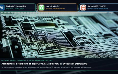Widescreen illustration: Hardware packet inspection grid with ByeByeDPI, Zapret (nfqws/tpws), and packet analyzer badges