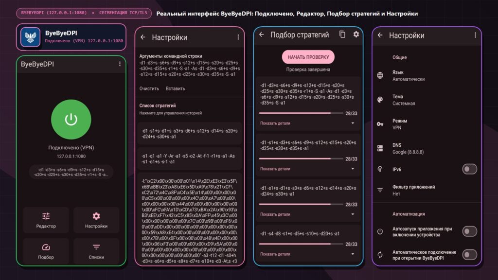 Четыре реальных открытых экрана приложения ByeByeDPI: локальный SOCKS5/VPN-интерфейс 127.0.0.1:1080, редактор аргументов ciadpi, автоматический подбор стратегий (28/33) и общие настройки