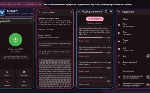 Четыре реальных открытых экрана приложения ByeByeDPI: локальный SOCKS5/VPN-интерфейс 127.0.0.1:1080, редактор аргументов ciadpi, автоматический подбор стратегий (28/33) и общие настройки