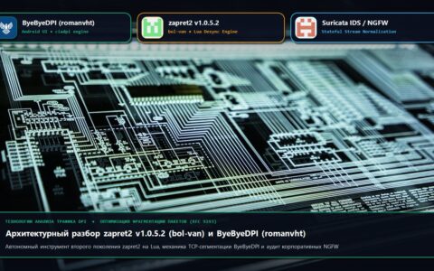 Широкоформатная иллюстрация аппаратной матрицы анализа трафика и логотипы ByeByeDPI, Zapret (nfqws/tpws) и анализатора пакетов