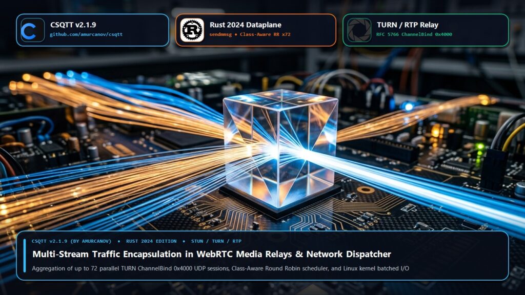 Widescreen illustration: Optical multi-stream routing for WebRTC/TURN/RTP, Rust 2024, and CSQTT v2.1.9
