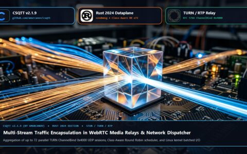 Widescreen illustration: Optical multi-stream routing for WebRTC/TURN/RTP, Rust 2024, and CSQTT v2.1.9