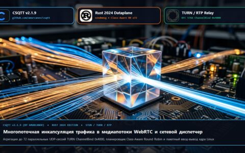 Широкоформатная иллюстрация мультиплексирования оптических потоков WebRTC/TURN/RTP, Rust 2024 и CSQTT v2.1.9
