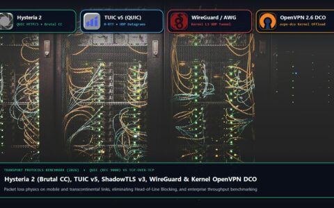 Widescreen illustration: Enterprise server backbone with Hysteria 2, TUIC v5, WireGuard, and OpenVPN 2.6 DCO logos