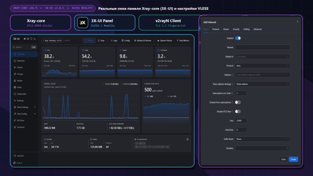 Реальные открытые окна панели управления Xray-core (3X-UI v3.8.5): мониторинг узла и создание входящего подключения VLESS