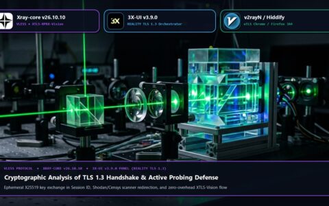 Widescreen illustration: Optical beam interferometer with Xray-core v26.10.10, 3X-UI v3.9.0, and v2rayN logos
