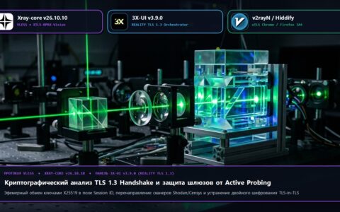 Широкоформатная иллюстрация оптического интерферометра и логотипы Xray-core v26.10.10, 3X-UI v3.9.0 и v2rayN